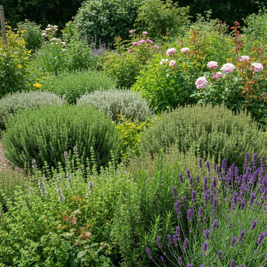 Summer lush garden with blooming herbs and flowers